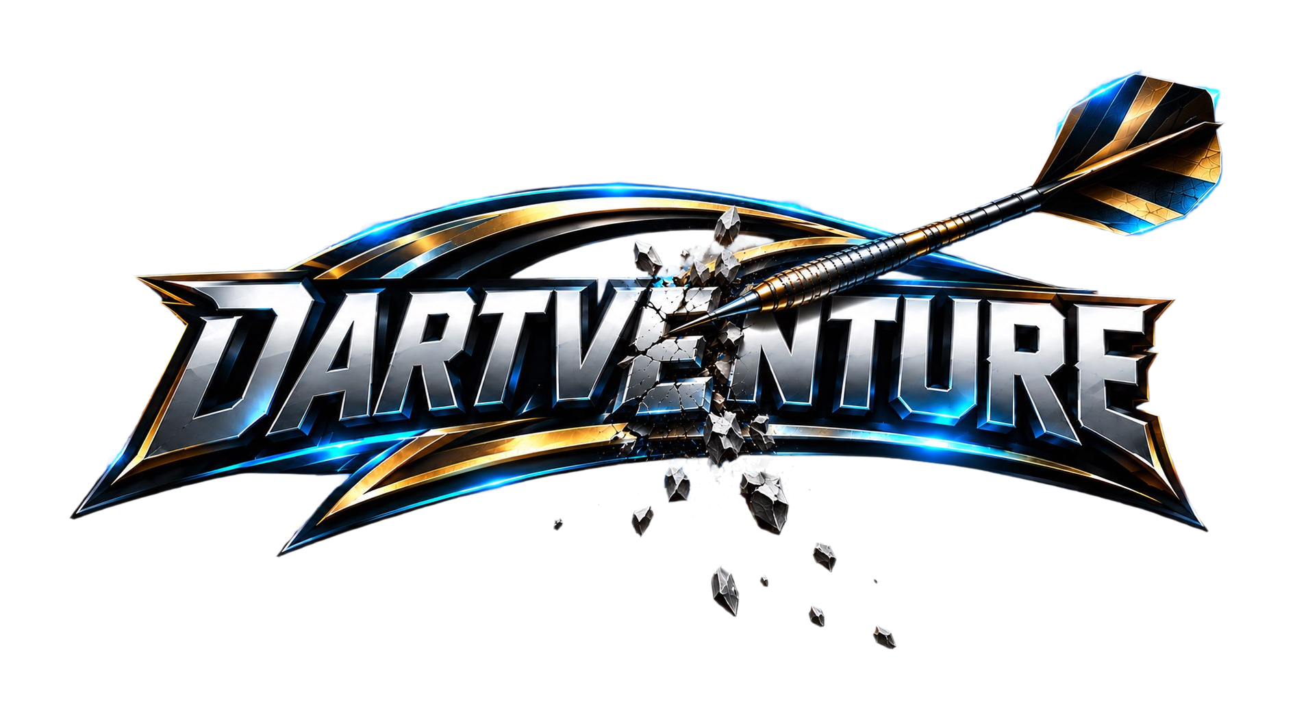 DartVenture Logo mit Dartpfeil, goldenen Verzierungen und Splittern